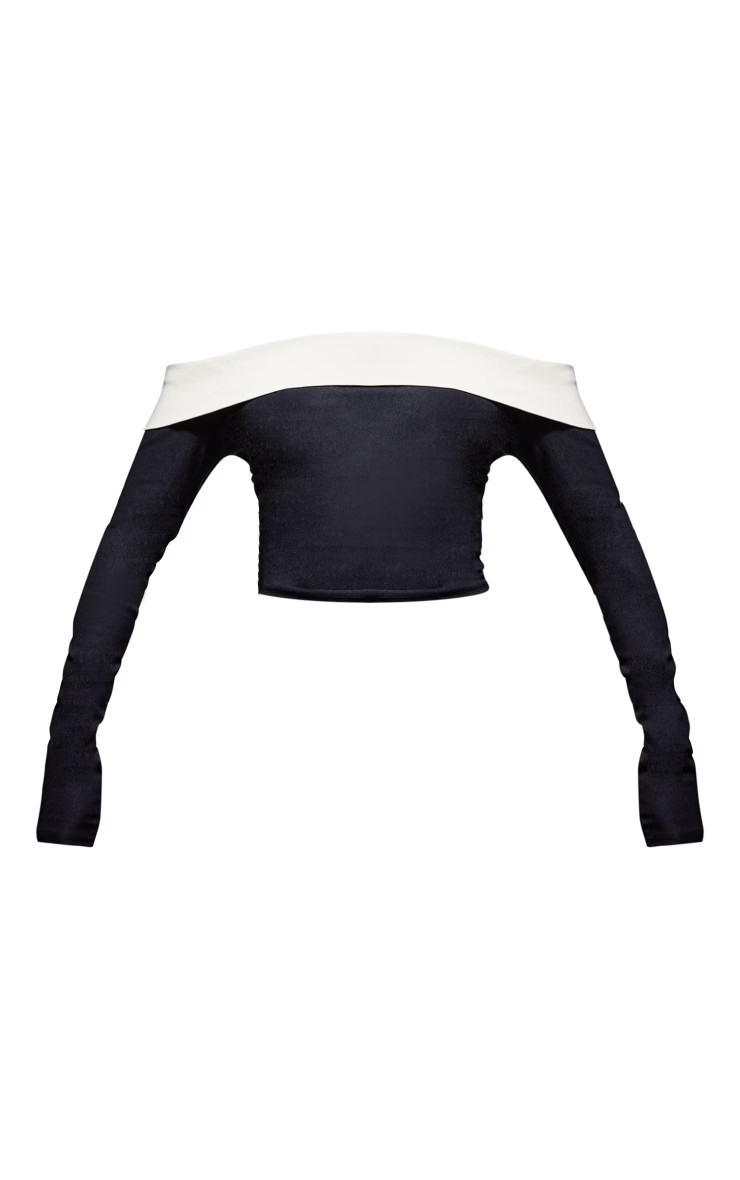 Black Stretch Fold Over Bardot Long Sleeve Top | PrettyLittleThing US