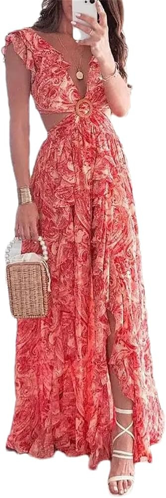 Women Summer Print Sleeveless Maxi Pleated Dress Sexy Deep V-Neck Hollow Big Split A-Line Party R... | Amazon (US)