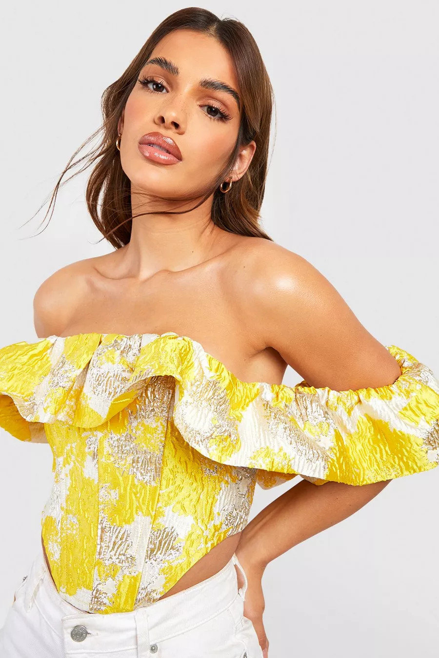 Frill Detail Shimmer Jacquard Corset Top | boohoo (US & Canada)