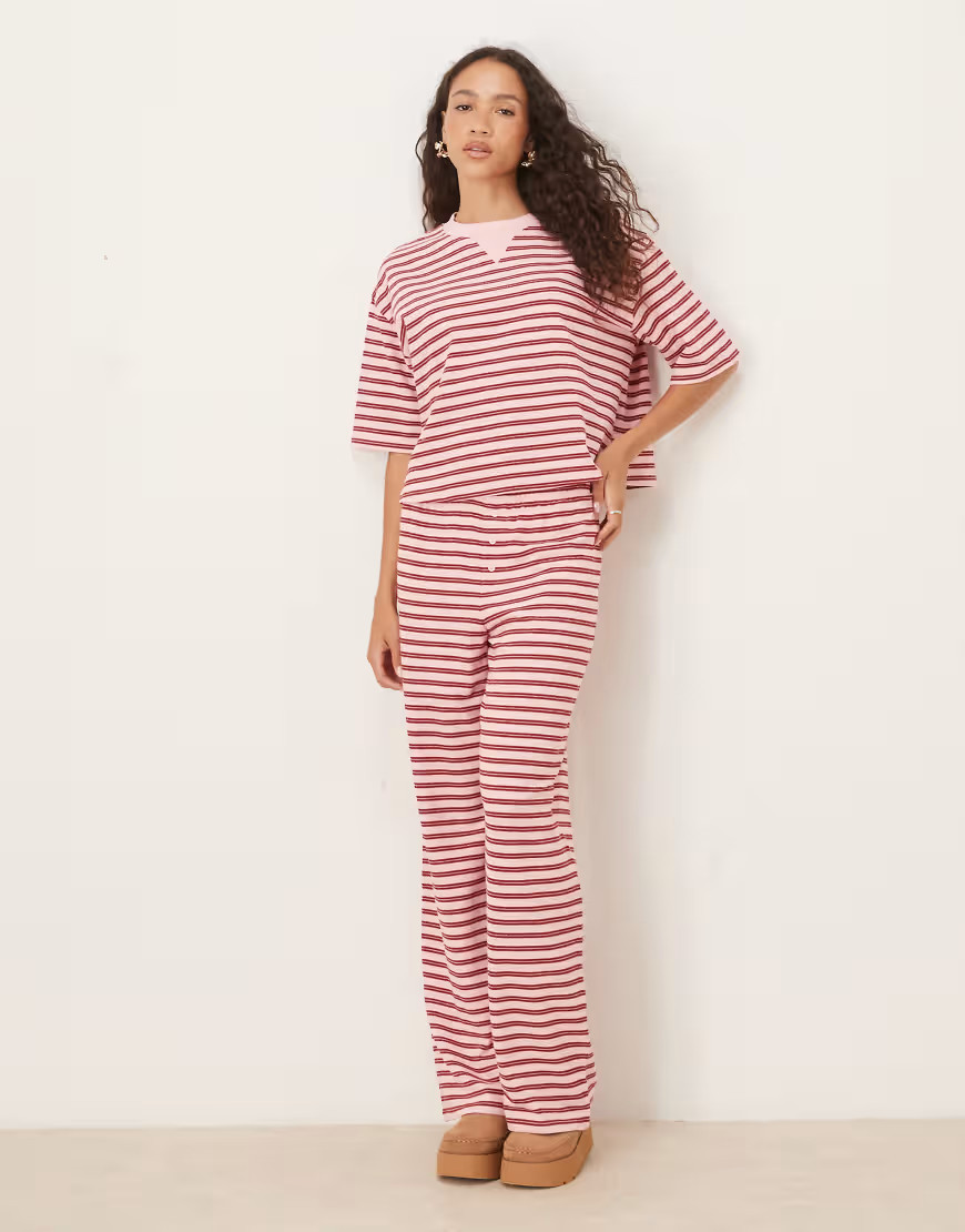 ASOS DESIGN textured stripe wide leg trouser co-ord in pink & burgundy stripe-Multi | ASOS (Global)