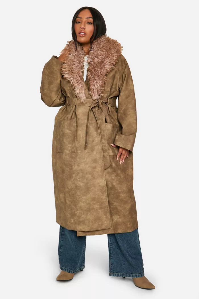 Plus Faux Fur Collar Vintage Look Faux Leather Trench Coat | boohoo (US & Canada)