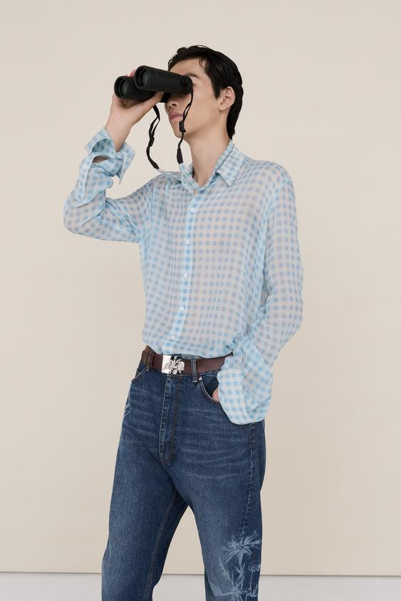 Zara - Lightweight 100% Wool Plaid Shirt - Light Blue - Xs - Man | Zara US