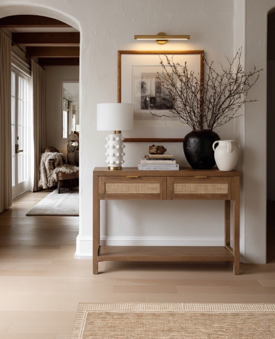 A serene wood and cane entryway console that sets the tone for the home.
Natural textures and warm oak bring an inviting feel, while sculptural accents and layered ceramics add quiet sophistication. The mix of materials of cane, ceramic, and brass, creates depth without distraction. White bubble lamp, white vase, brass gallery light. 

Every detail feels balanced: a soft glow from the picture light, organic branches for movement, and timeless neutrals that make coming home feel effortless. 

#LTKHome #LTKSaleAlert