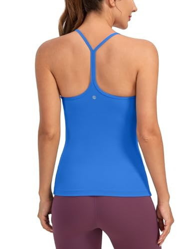 CRZ YOGA Butterluxe Womens Racerback Tank Top with Built in Bra - Spaghetti Thin Strap Padded Workout Slim Yoga Camisole Sparkle Blue Large | Amazon (US)