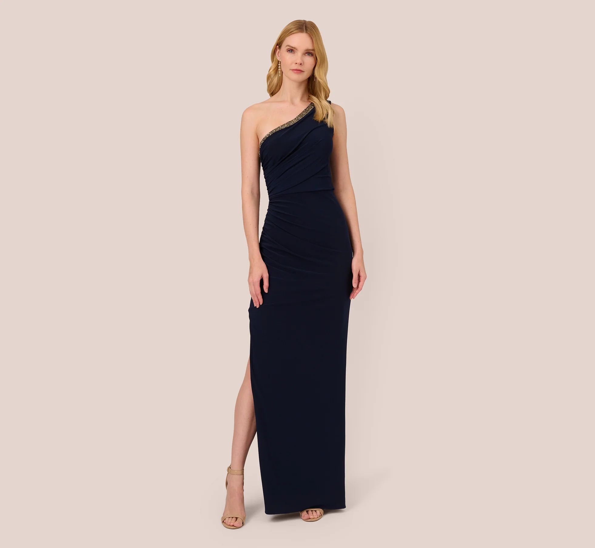Ruched One Shoulder Dress With Beaded Detail In Midnight | Adrianna Papell