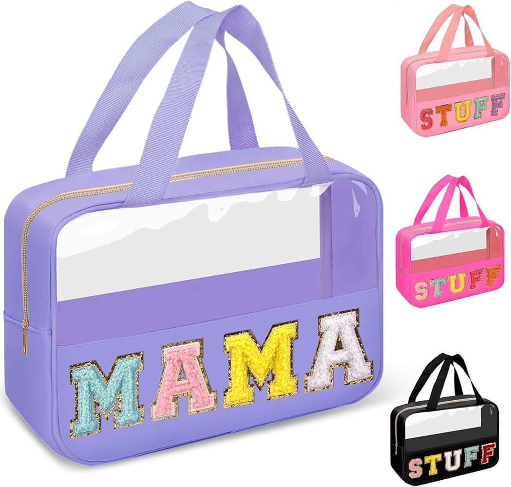 Chenille Letter Clear Makeup Bags Mama Tote, Preppy Patch Makeup Bag Zipper with Handle, Waterpro... | Amazon (US)