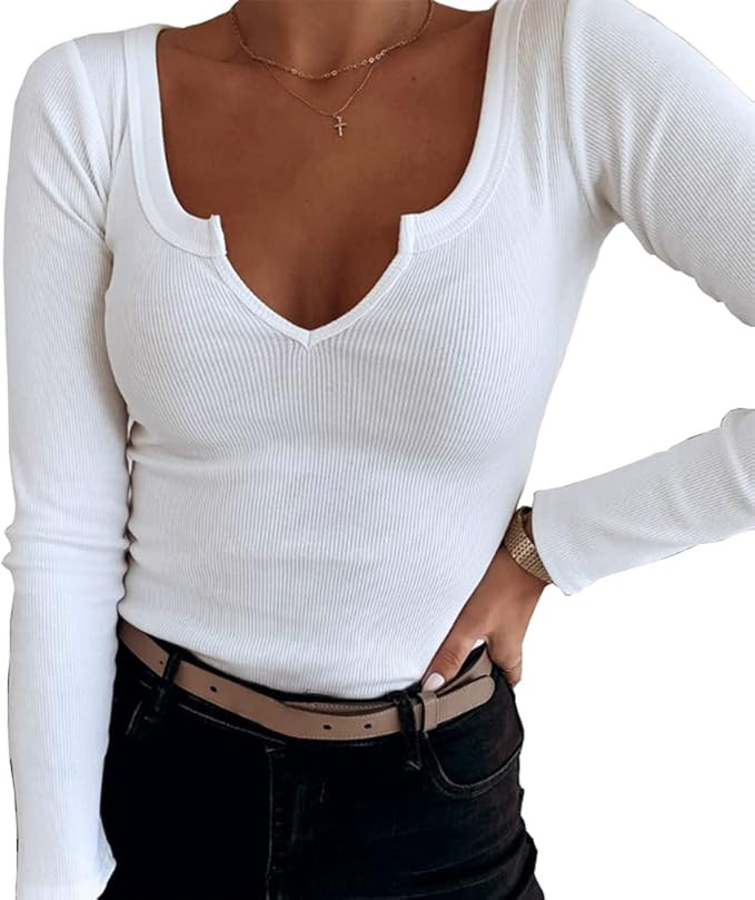 Roselux Women V Neck Ribbed Long Sleeve Shirt Fitted Basic Slim Knit Top | Amazon (US)