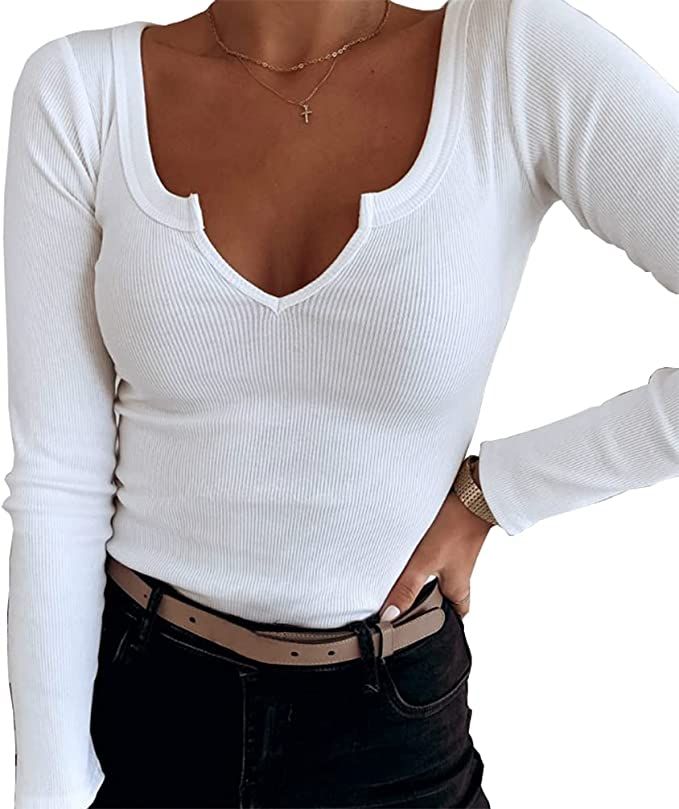 Roselux Women V Neck Ribbed Long Sleeve Shirt Fitted Basic Slim Knit Top | Amazon (US)