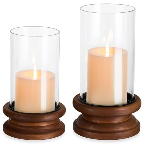 Hewory Hurricane Glass Candle Holder: 2PCS Rustic Brown Candle Holders for Pillar Candles, Vintage Decorative Wood Stand with Clear Glass Cover for Weddings Christmas Table Centerpiece Home Decor | Amazon (US)