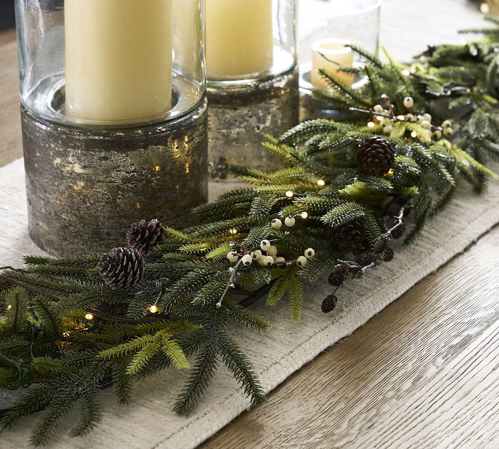 Lit Faux Frozen Pine & White Berry Wreath & Garland | Pottery Barn (US)
