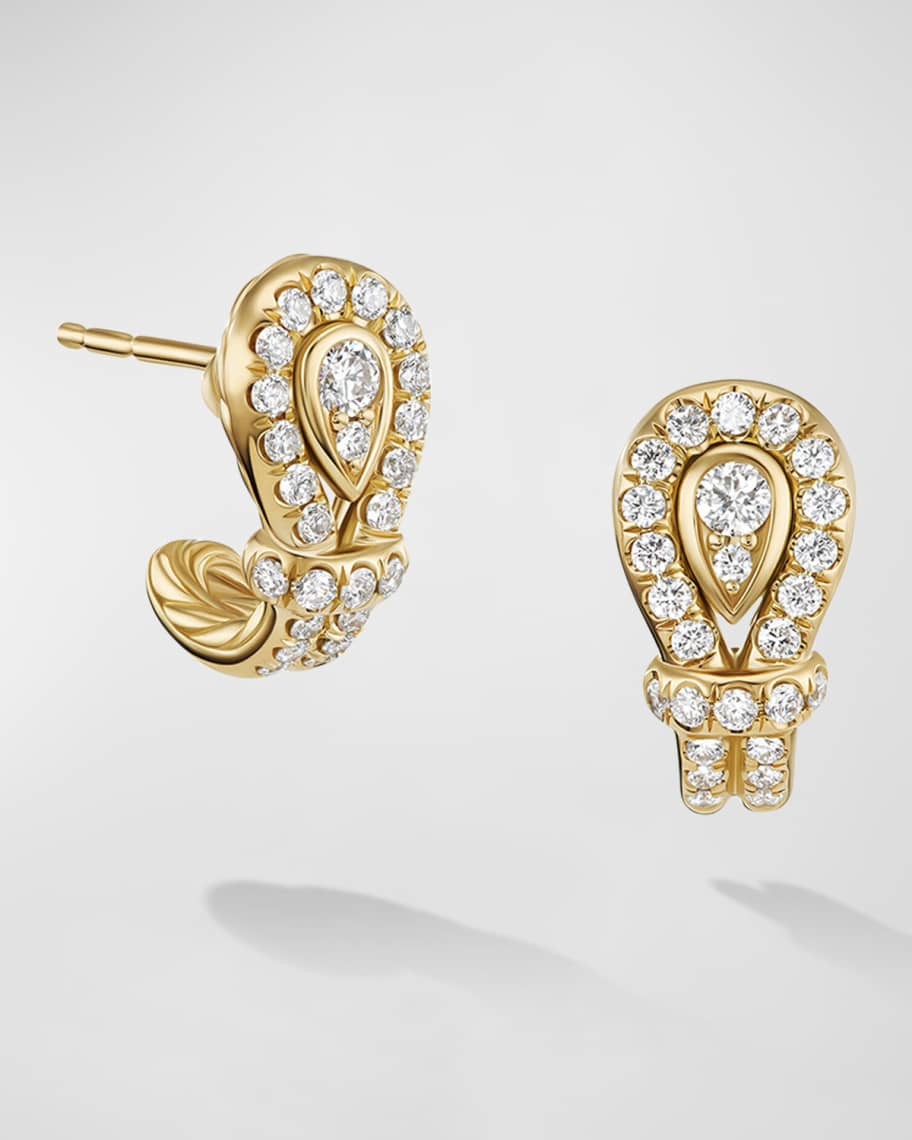 David Yurman Thoroughbred Loop Huggie Hoop Earrings with Diamonds in 18K Gold, 4mm, 0.6" | Neiman Marcus