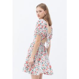 Red Rose Blossom Watercolor Tie Back Dress | Chicwish