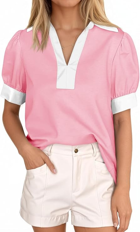 Tankaneo Womens Color Block Puff Sleeve Polo Shirts Lapel V Neck Summer Blouses Dressy Casual Loo... | Amazon (US)