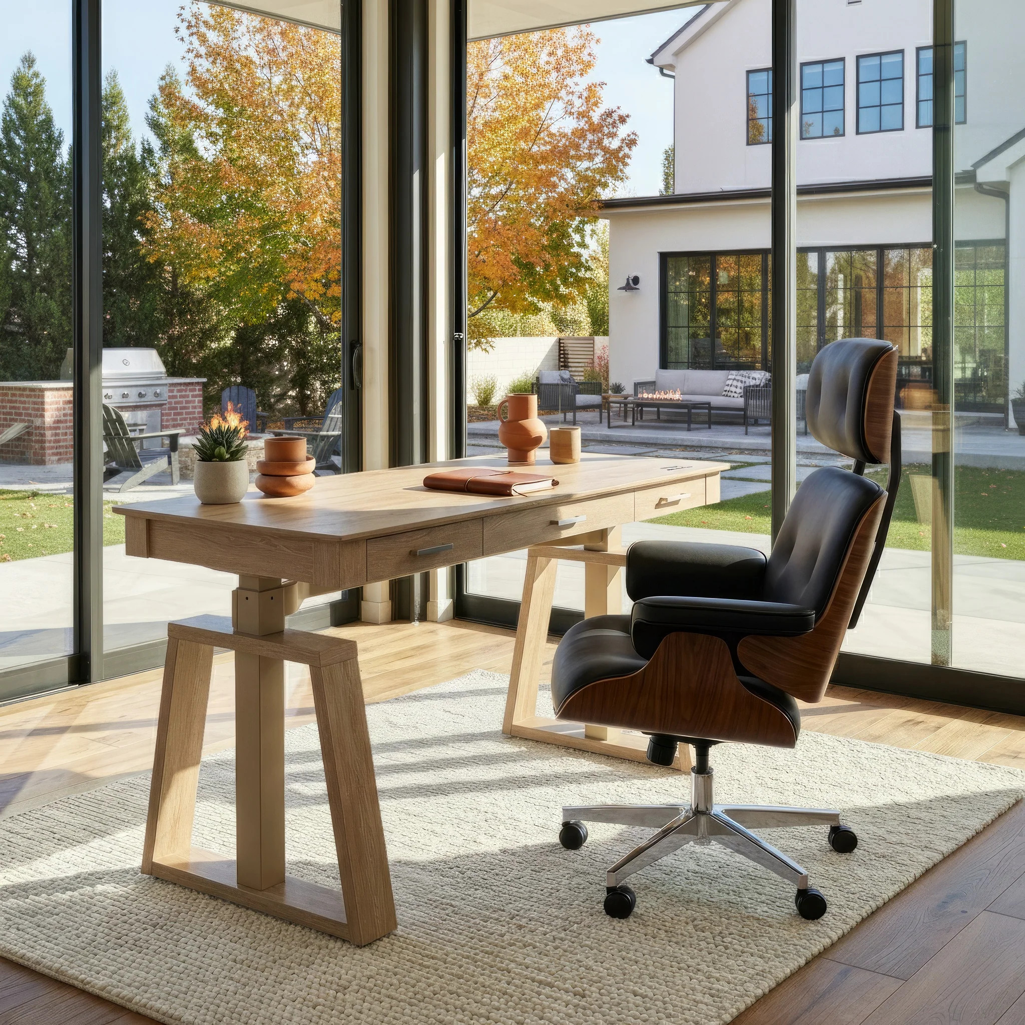 Executive Office Set：Ark EL Standing Desk & Executive Office Chair - Oak & Black | Eureka Ergonomic