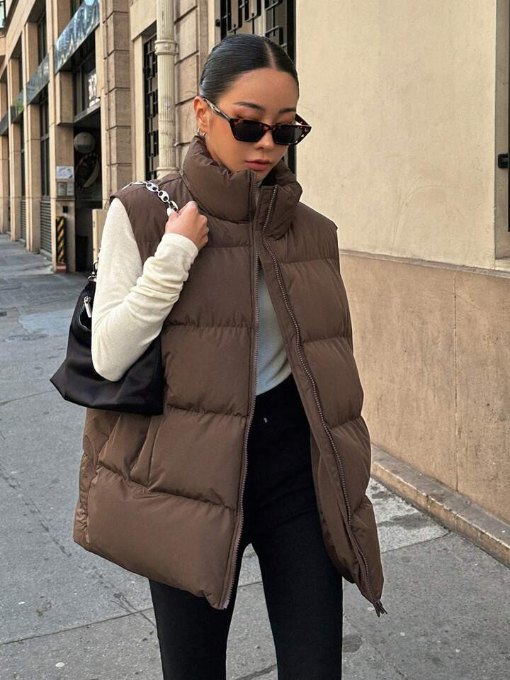 DAZY Zip Up Sleeveless Puffer Vest Coat | SHEIN