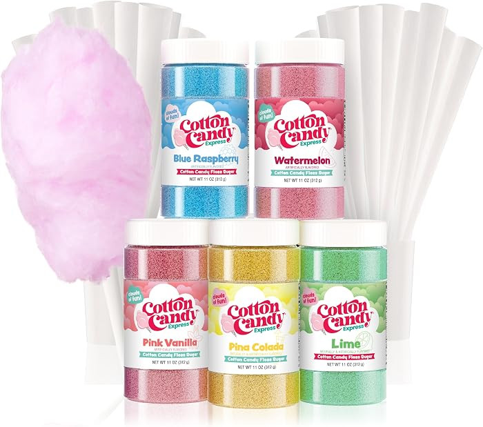 Cotton Candy Express Floss Sugar Variety Pack with 5 - 11oz Plastic Jars of Lime, Watermelon, Pin... | Amazon (US)