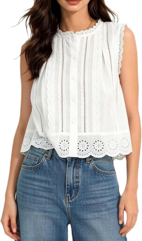 Women Cute Cutout Eyelet Tank Top Fairy Grunge Sleeveless Lace Trim Peplum Camisole Sheer Going O... | Amazon (US)
