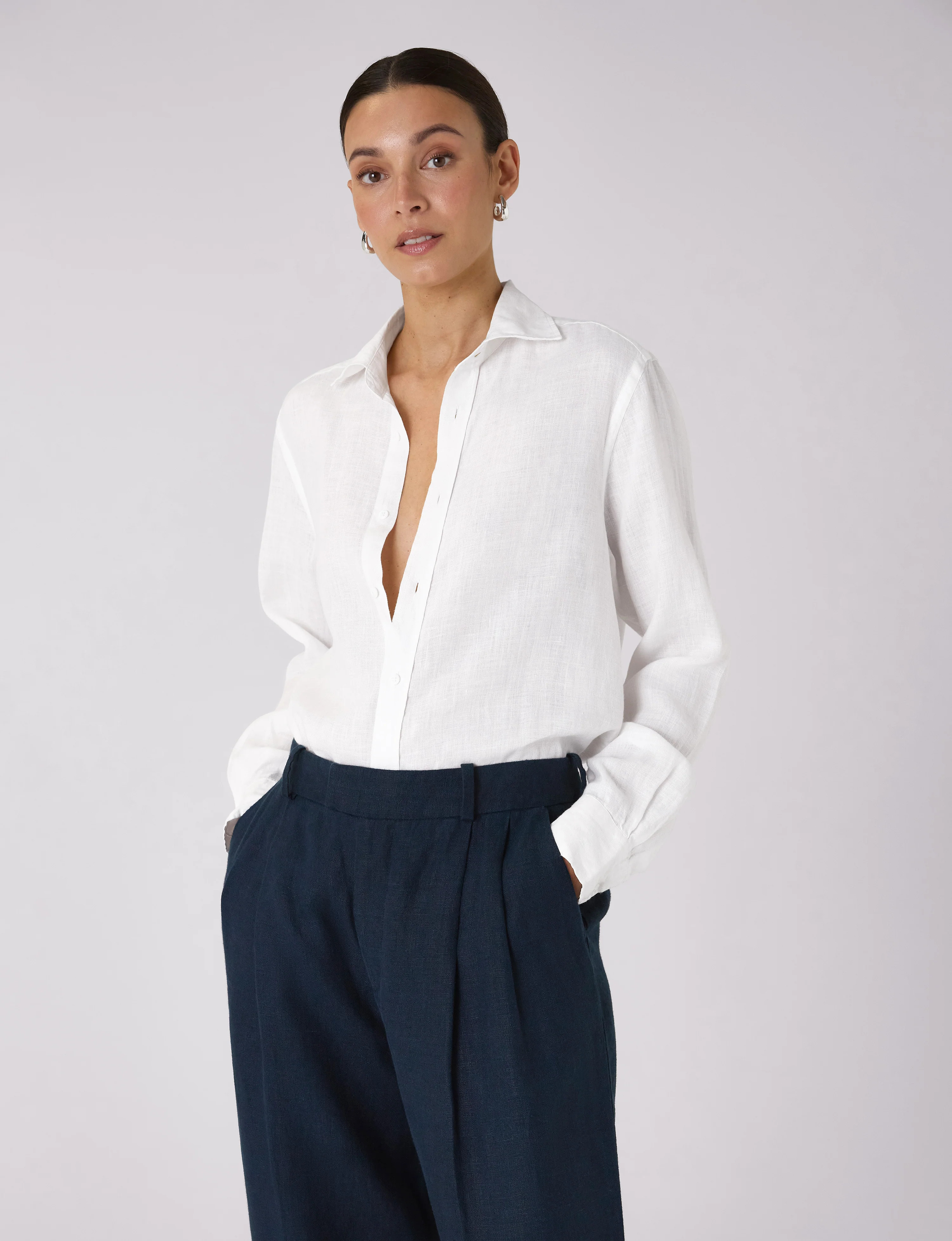 The Set: Linen White Shirt & Linen Navy Trouser | With Nothing Underneath