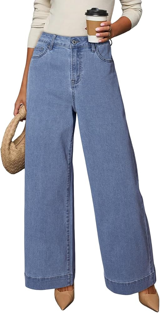 Dokotoo Women's Casual High Waisted Jeans Stretch Wide Leg Loose Denim Pant | Amazon (US)