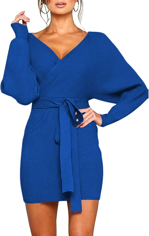 Viottiset Women's V Neck Long Batwing Sleeve Wrap Midi Knit Sweater Dress Elegant Backless with B... | Amazon (US)