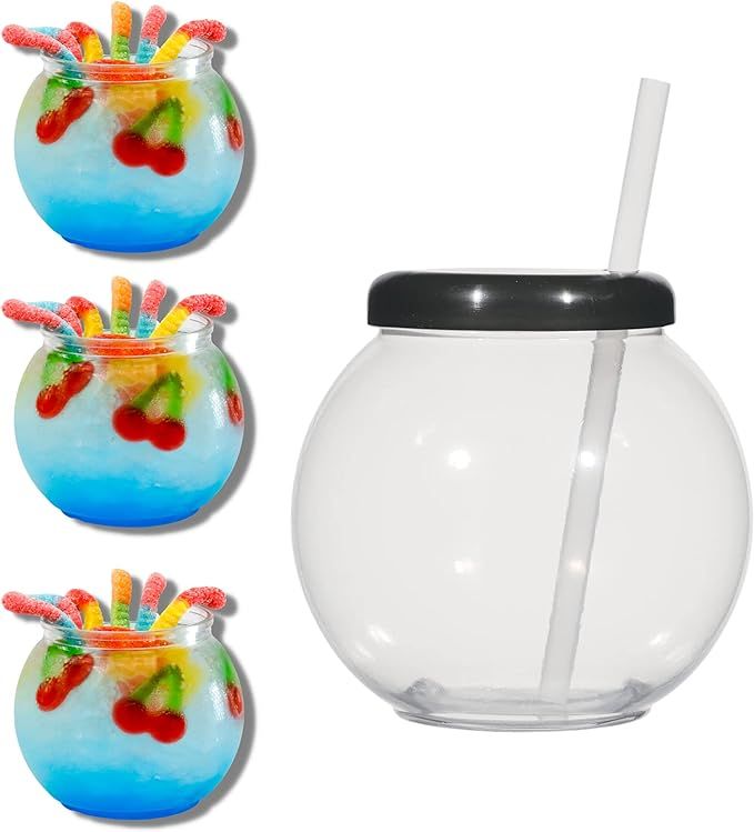 TIPSY UMBRELLA Clear Plastic Fish Bowls For Drinks With Lids and Straws - Fish Bowl Drink Cups (4... | Amazon (US)