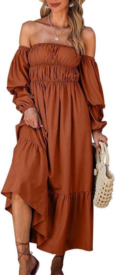 Dokotoo Womens Off Shoulder Dresses Puff Long Sleeve Ruffle Elastic Waist A-Line Casual Maxi Dres... | Amazon (US)
