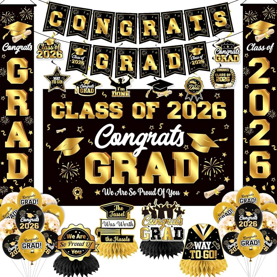 Graduation Decorations 2026 Black and Gold Party Decor Set include Congrats Grad Banner Graduatio... | Amazon (US)