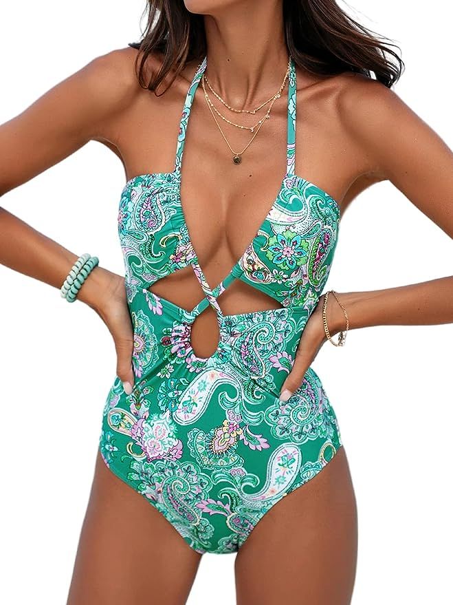CUPSHE Women One Piece Swimsuit Drawstring Cutouts Halter Low Back Paisley Print Bathing Suits | Amazon (US)