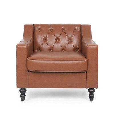 Furman Contemporary Tufted Club Chair Cognac Brown/Dark Brown - Christopher Knight Home: Faux Leather Upholstered, Wooden Legs | Target