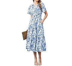 Women Summer Floral Midi Dress 2024 Casual Short Sleeve V Neck Tiered Ruffle Flowy Boho Dresses w... | Amazon (US)