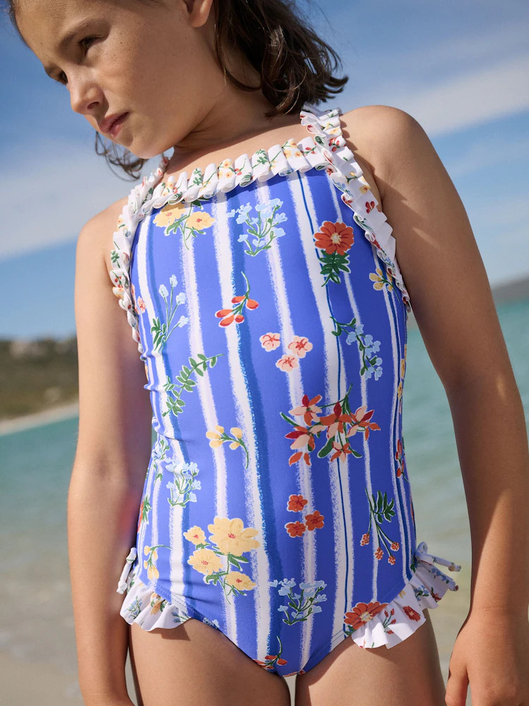 Blue Floral Stripe Ruffle Swimsuit (3-16yrs) | Next US
