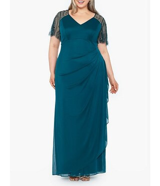 Xscape Plus Size Beaded Short Flutter Sleeve V-Neck Jersey Gown | Dillard's | Dillard's
