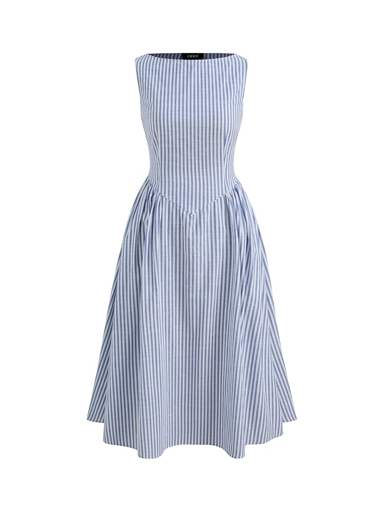 CIDER Summer Striped Ruffle Maxi Dress Boat Neck Regular Fit Mid Waist Casual Woven Short Sleeve | Amazon (US)