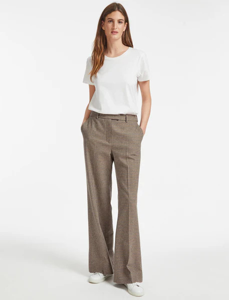 Terence Wool Blend Wide Leg Trouser - Brown Navy Cream Check | Cefinn