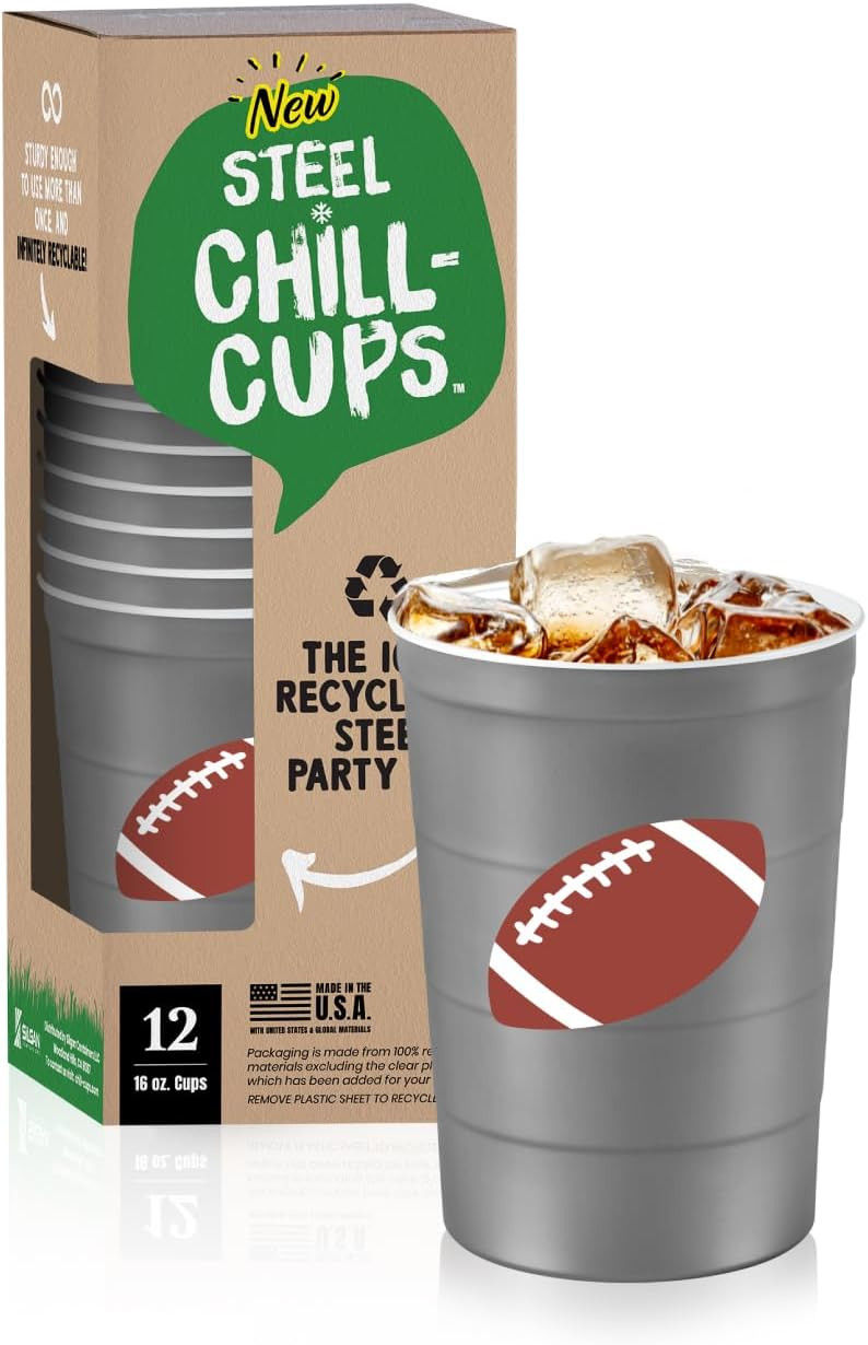 Steel Chill Cups 16 oz. Reusable Party Cups, Football, Gray, 12 Count | Amazon (US)