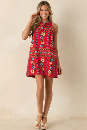 Living for the Moment Red Multi Linen Blend Floral Mini Dress | Red Dress