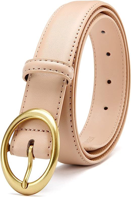 Womens Beige Belts for Jeans Pants, CR Beige Leather Belt with Gold Buckle, 1.15" Width Ladies Nu... | Amazon (US)