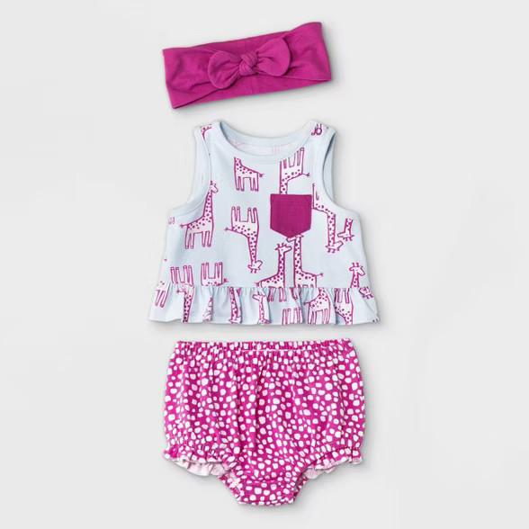 Baby Girls' 2pc Giraffe Top & Bottom Set with Headband - Cat & Jack™ Sky Blue | Target