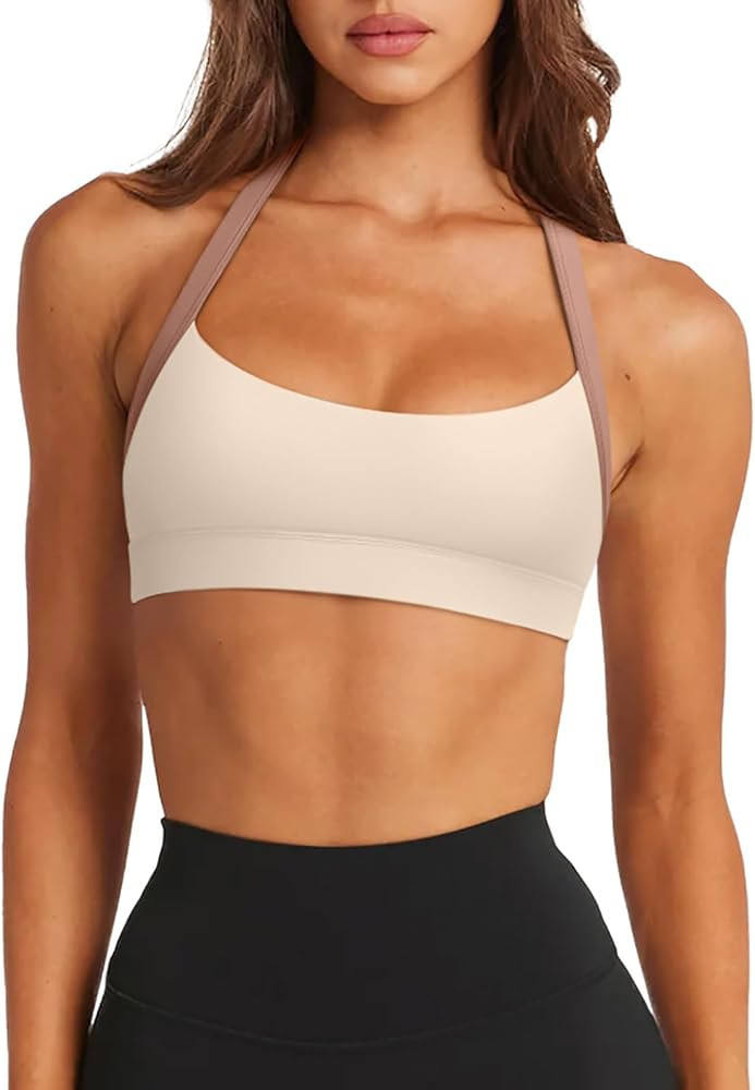 LASLULU Halter Sports Bras for Women Scoop Neck Workout Tops Padded Sleeveless Open Back Yoga Cro... | Amazon (US)