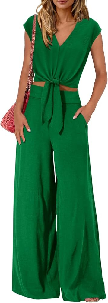 PRETTYGARDEN Women's Summer 2 Piece Outfits 2026 Cap Sleeve V Neck Belted Crop Tops Wide Leg Pant... | Amazon (US)