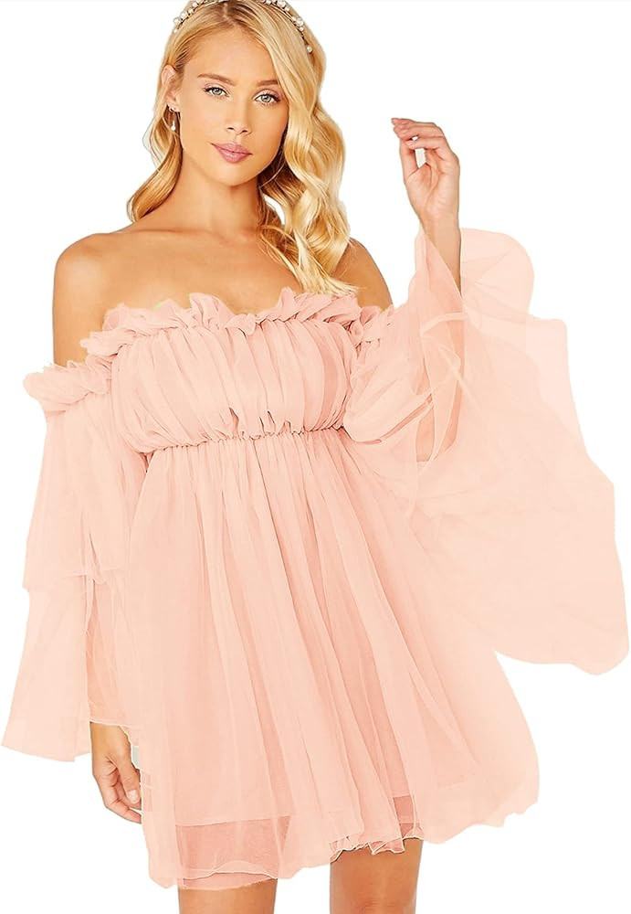 Romwe Women's Romantic Off Shoulder Flounce Long Sleeve Wedding Ruffle Mesh Party Mini Dress | Amazon (US)