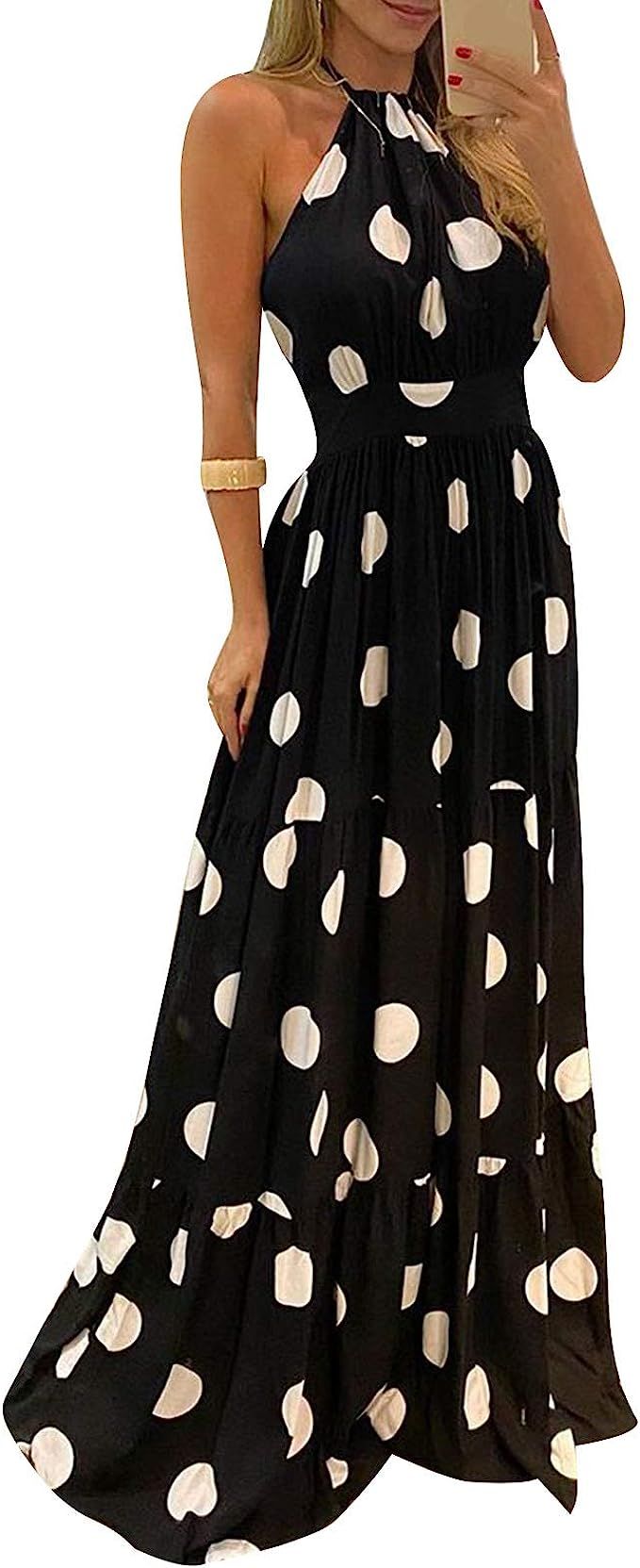 Summer Womens A-line Swing Maxi Dress Ladies Leopard Polka Dot Butterfly Printed Backless Full-Le... | Amazon (UK)