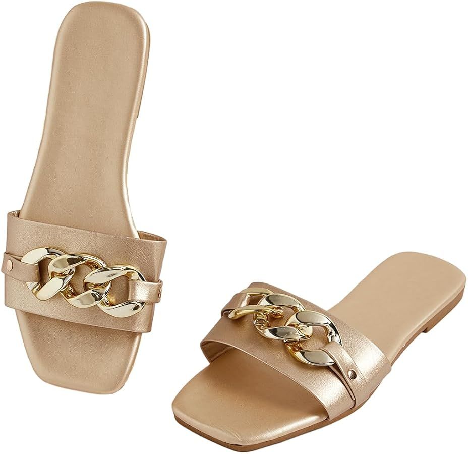 GORGLITTER Women's Metallic Flat Sandals Open Toe Single Band Slide Sandals | Amazon (US)