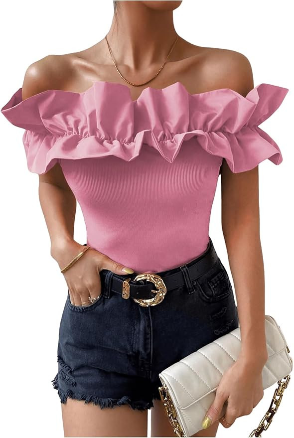 OYOANGLE Women's Ruffle Trim Off Shoulder Short Sleeve Blouse Party Tops Shirt | Amazon (US)