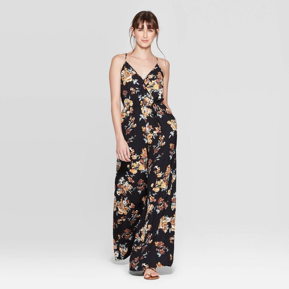 Women's Floral Print Sleeveless Deep V-Neck Wrap Jumpsuit - Xhilaration Black XS, Women's | Target