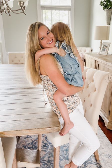 Mommy and me summer outfit - love this breezy top for those hot summer days - wearing an XS top, size 2 jeans - toddler girl’s denim romper - dining table, chairs and sideboard

#LTKfamily #LTKkids #LTKhome