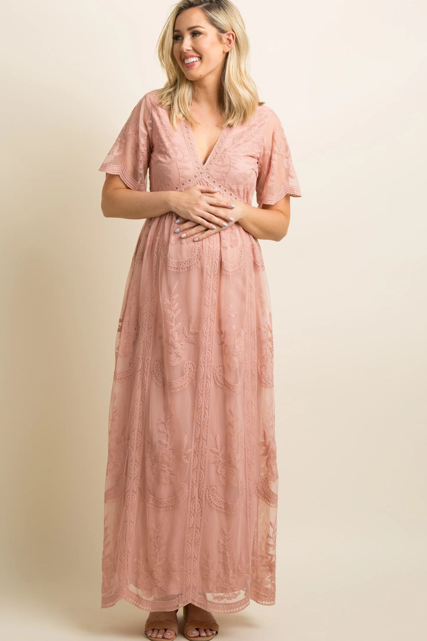 PinkBlush White Lace Mesh Overlay Maternity Maxi Dress | PinkBlush Maternity