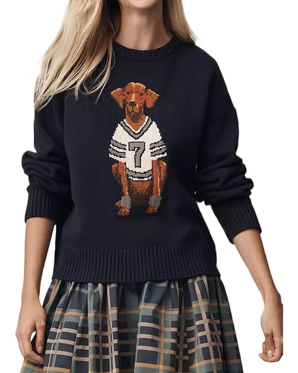 Women Dog Print Sweater Crew Neck Long Sleeve Knit Top Pullover Jumper Fall Winter 2025 Cloth Out... | Amazon (US)