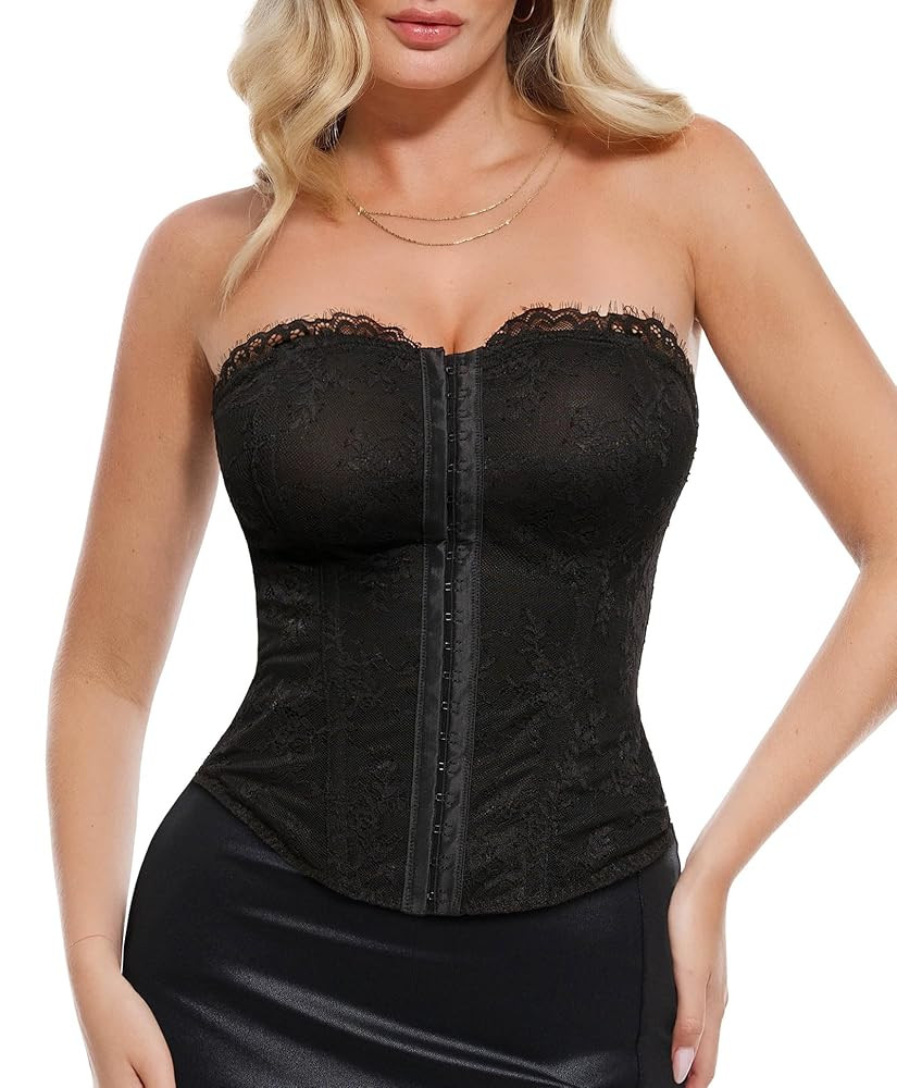 Popilush Corset Tops for Women - Shapewear Lace Top Sculpting Detachable Strap Bustier with Buckl... | Amazon (US)