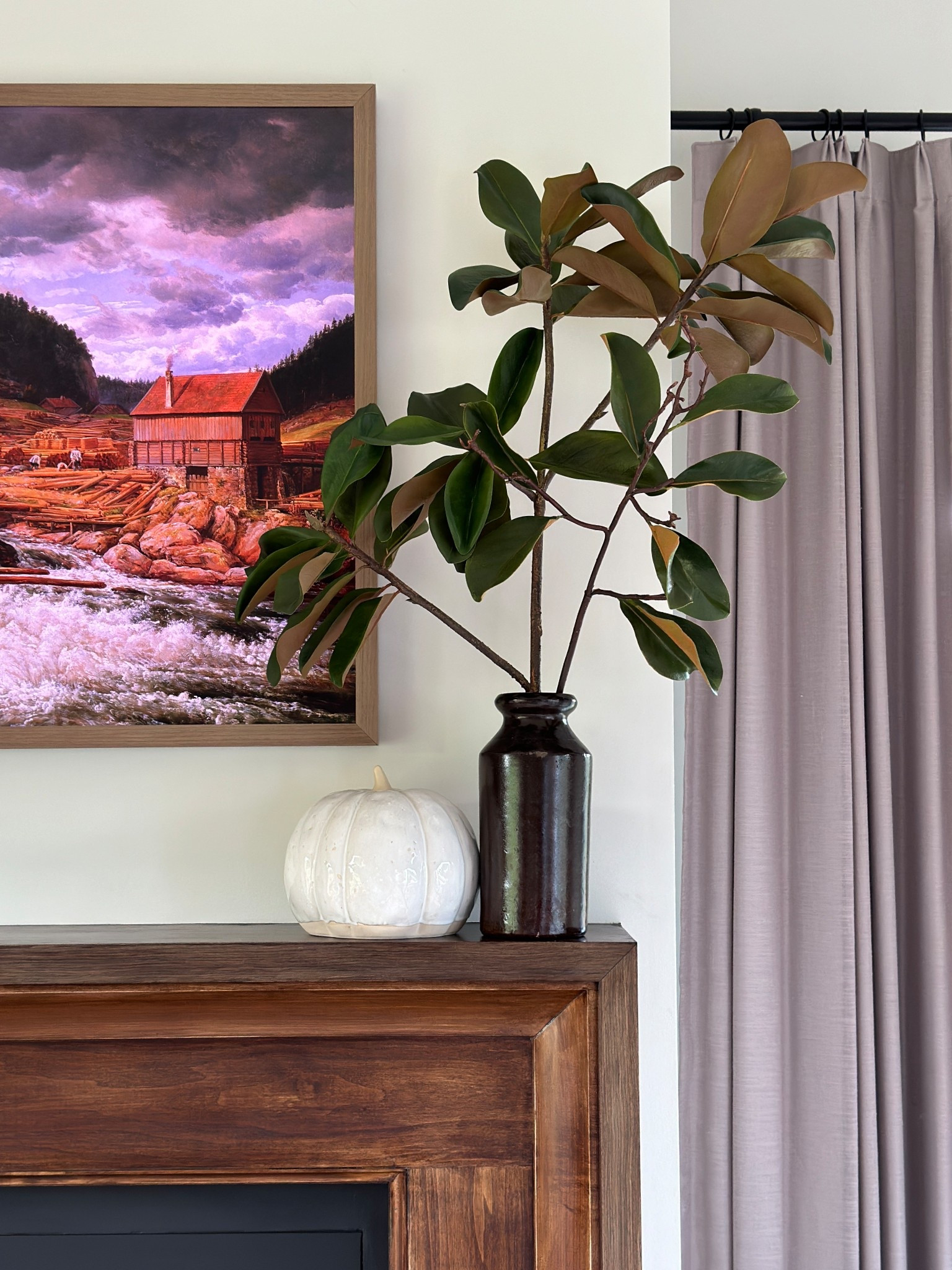 These faux magnolia branches are gorgeous and so realistic. I have one 40” stem and one 26” stem in this vase  